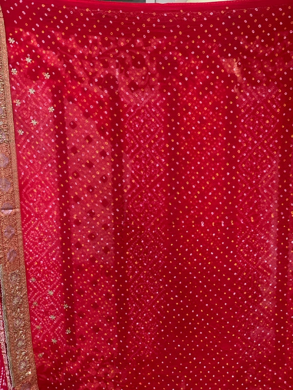 Red Pure Georgette Rai Bandhej x Hand Embroidery