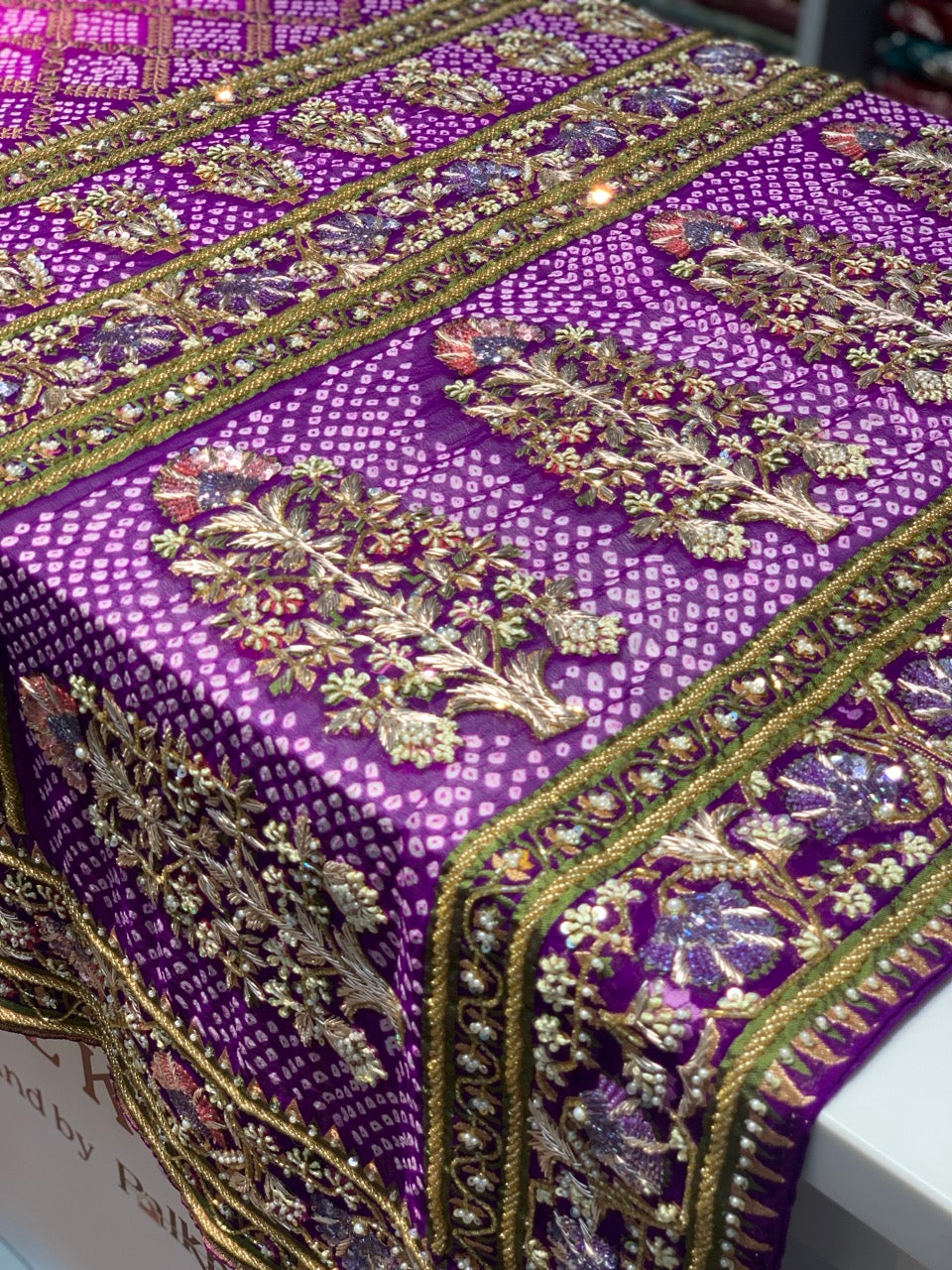 Pure Khadi Georgette Bandhej x Hand Embroidery