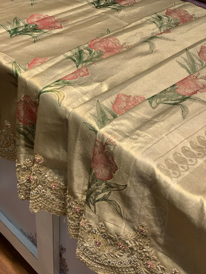 Beige Pure Tissue Kanjivaram x Hand Embroidery