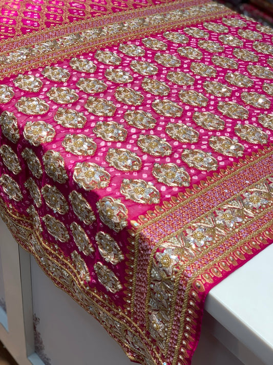 Rani Pink Pure Georgette Bandhej x Hand Embroidery
