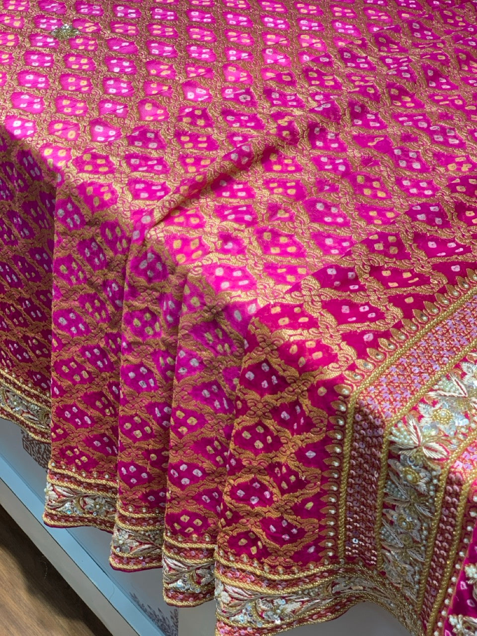 Rani Pink Pure Georgette Bandhej x Hand Embroidery