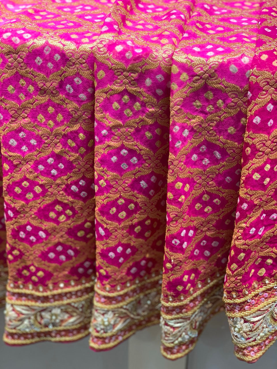 Rani Pink Pure Georgette Bandhej x Hand Embroidery