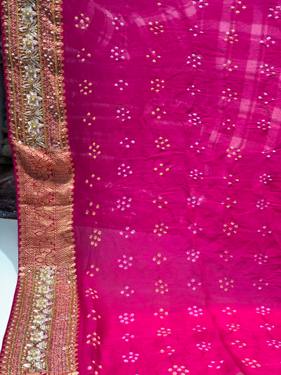 Rani Pink Pure Georgette Bandhej x Hand Embroidery