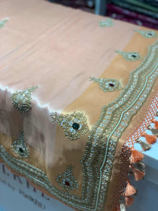 Peach Tissue Saree x Hand Embroidery