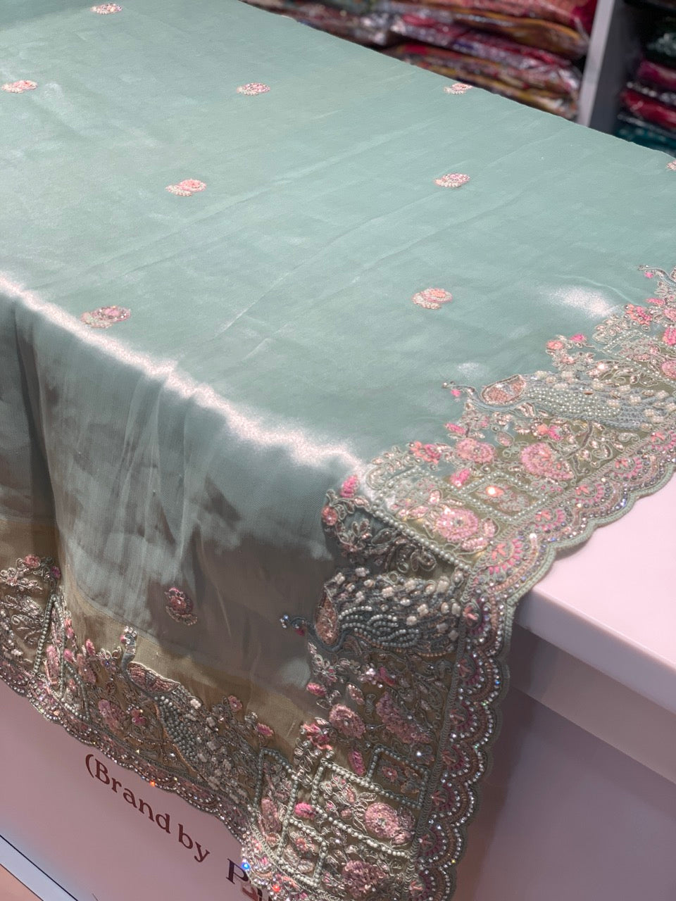 Sea Green Tissue Silk x Hand Embroidery