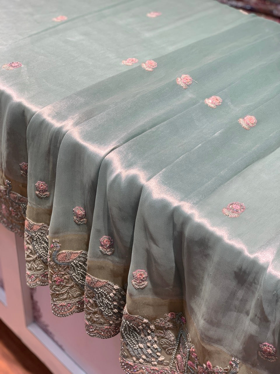 Sea Green Tissue Silk x Hand Embroidery