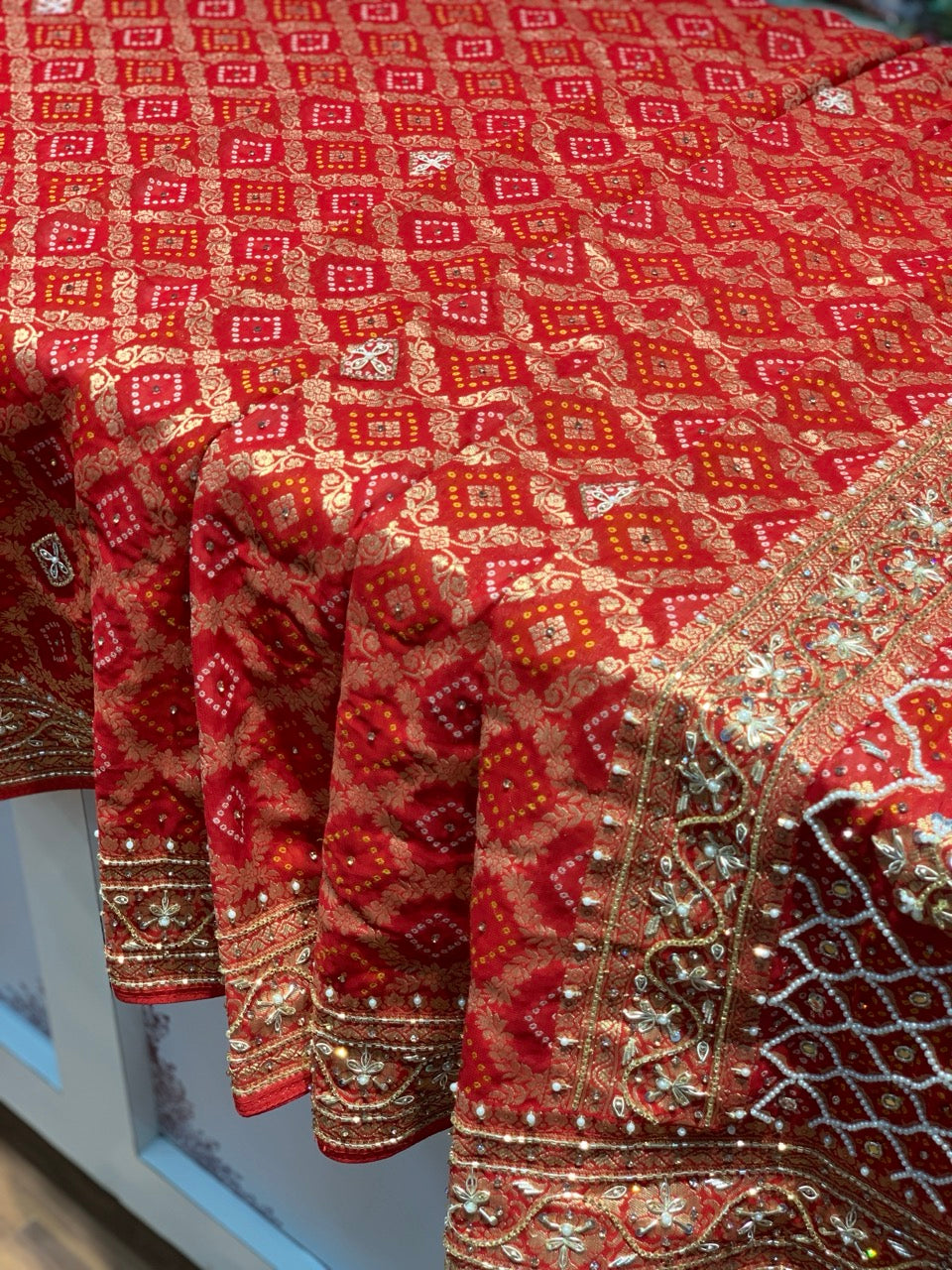 Red Weaving Bandhej x Hand Embroidery
