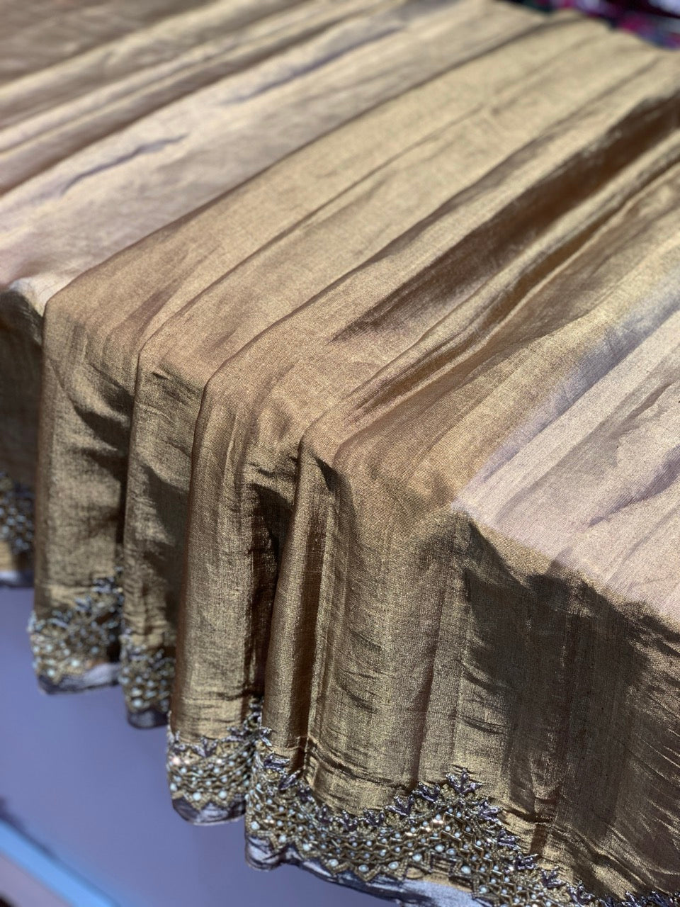 Gold Tissue Saree x Hand Embroidery