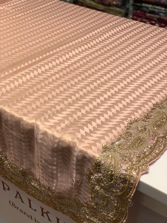 Peach Tissue Brocade Silk x Hand Embroidery