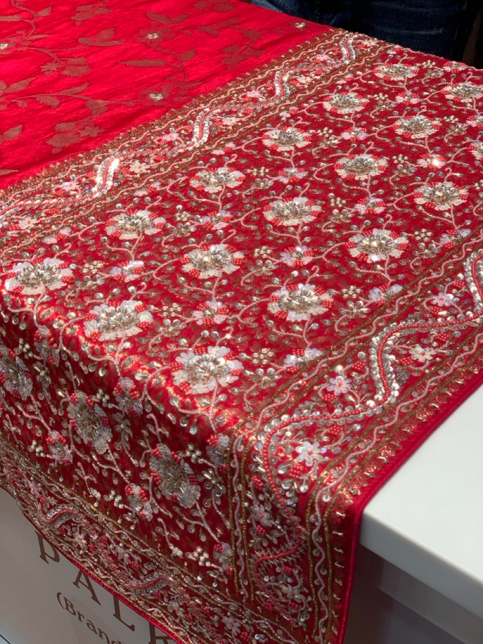 Cherry Red Banarasi Dola Silk x Hand Embroidery