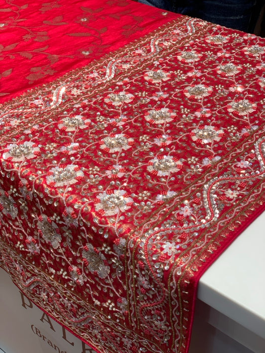 Cherry Red Banarasi Dola Silk x Hand Embroidery