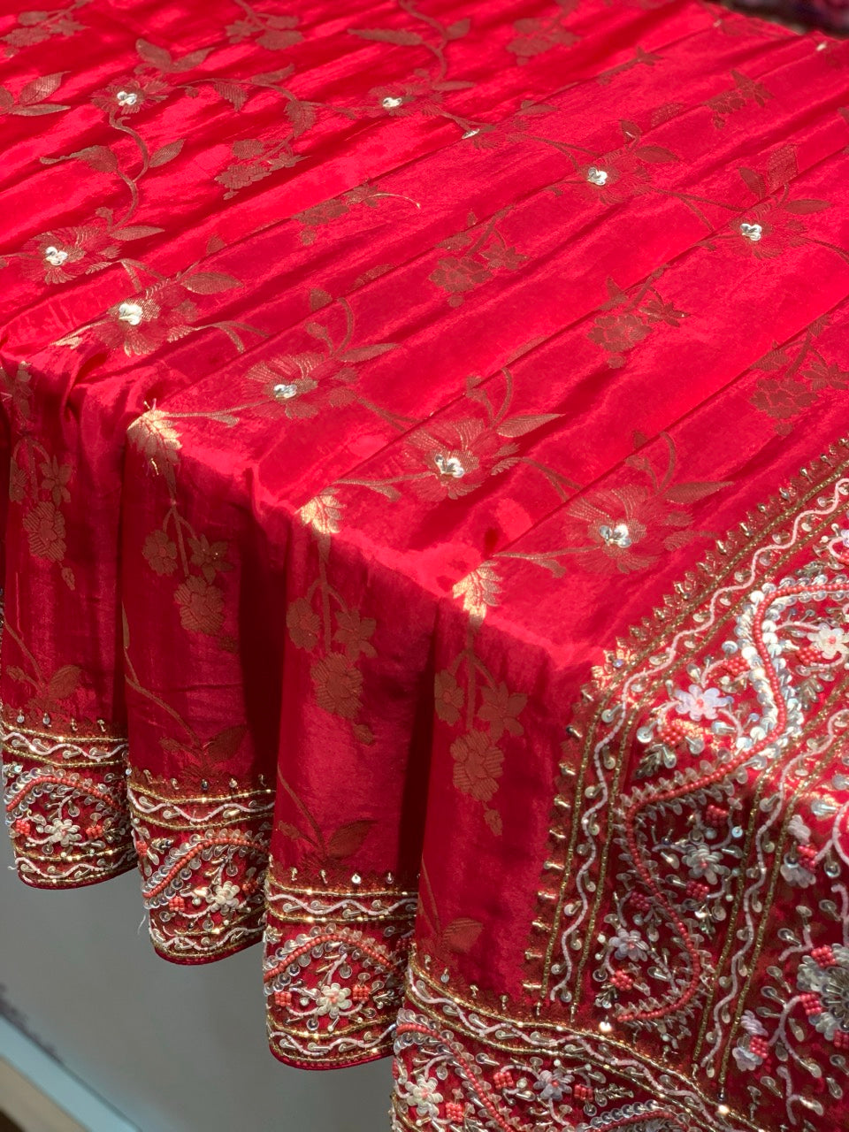 Cherry Red Banarasi Dola Silk x Hand Embroidery