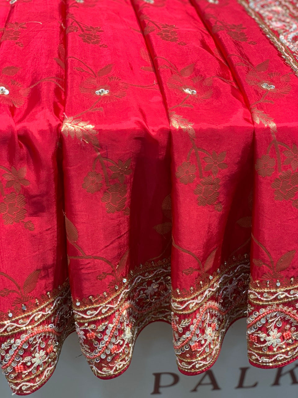 Cherry Red Banarasi Dola Silk x Hand Embroidery