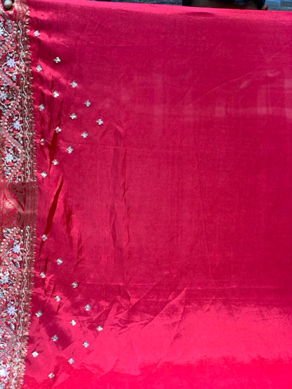 Cherry Red Banarasi Dola Silk x Hand Embroidery