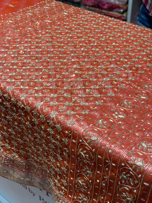 Rust Orange Kanjivaram x Hand Embroidery