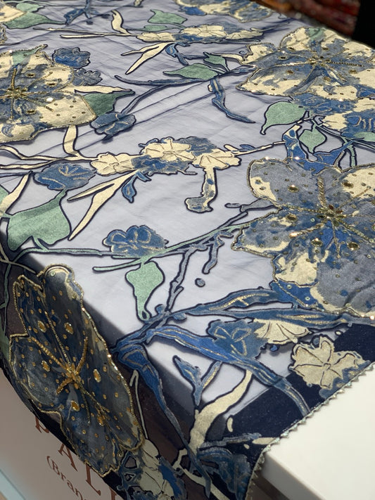 Nevay Blue Mahima Mahajan Inspired Brasso Saree x Hand Embroidery