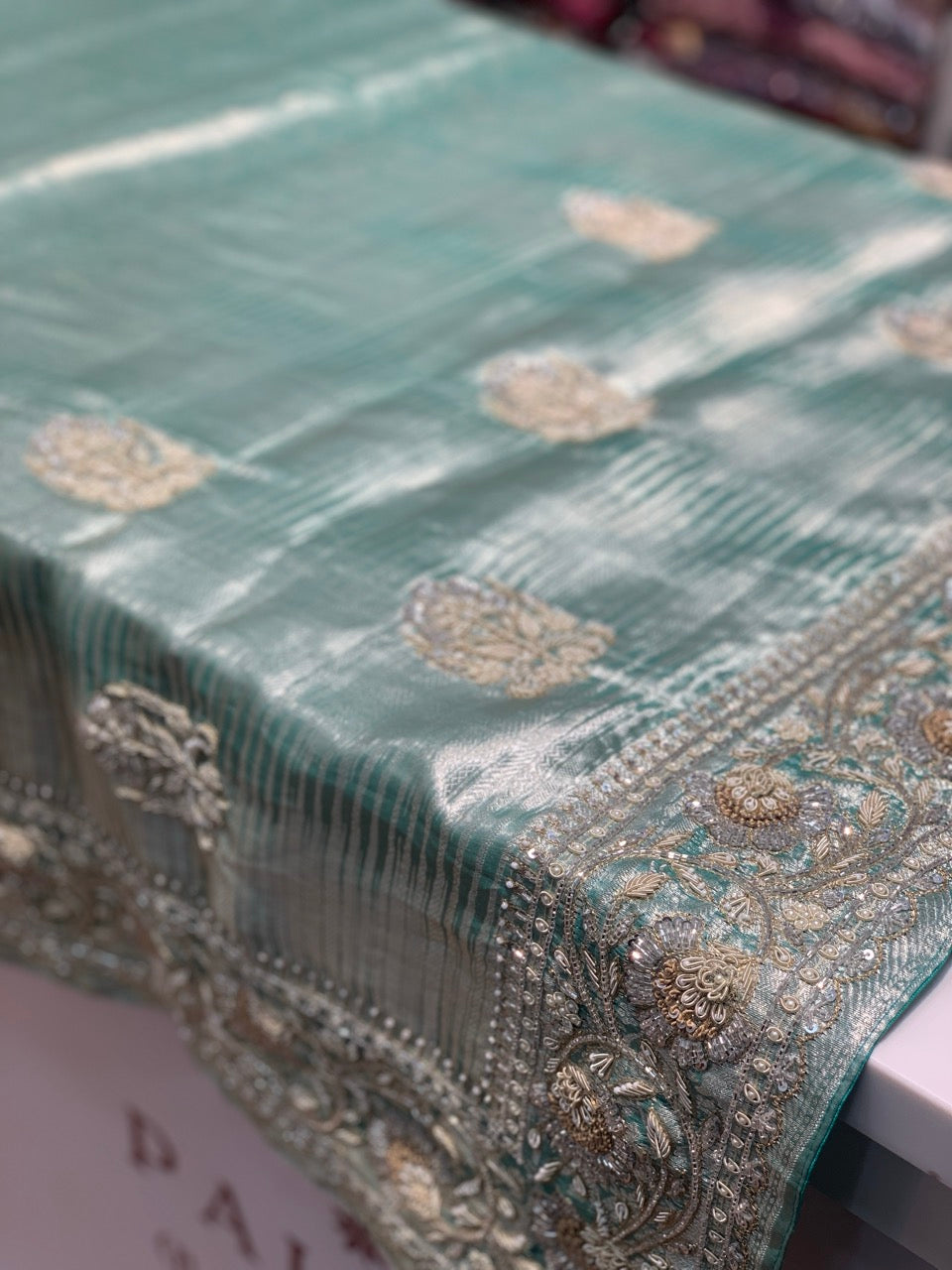 Aqua Blue Tissue Kanjivaram x Hand Embroidery