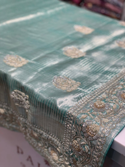 Aqua Blue Tissue Kanjivaram x Hand Embroidery