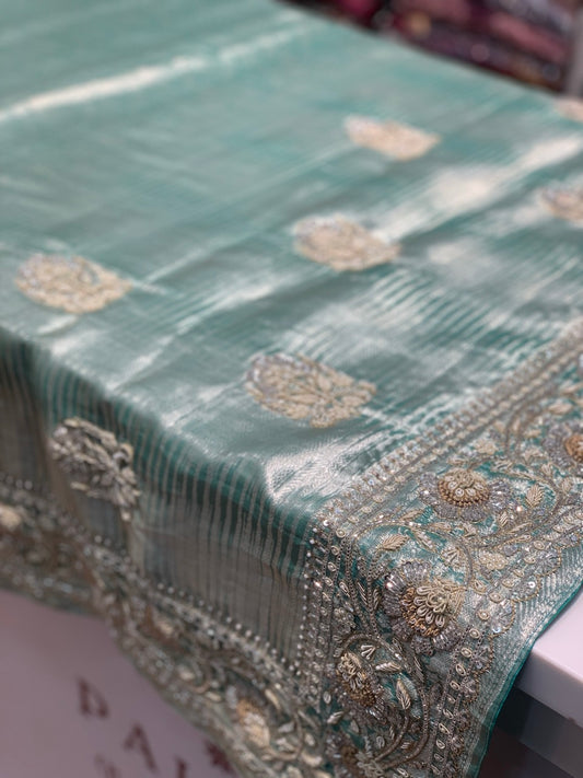 Aqua Blue Tissue Kanjivaram x Hand Embroidery