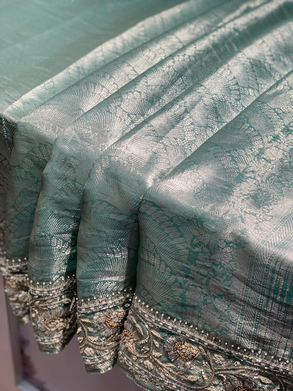 Aqua Blue Tissue Kanjivaram x Hand Embroidery