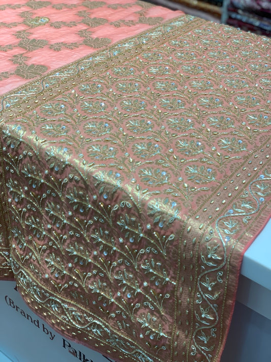 Pink Banarasi Georgette x Hand Embroidery