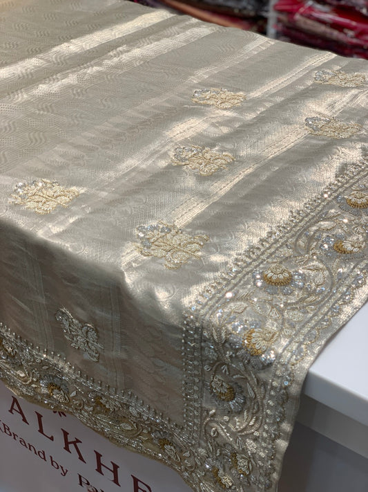 Beige Pure Tissue Kanjivaram x Hand Embroidery