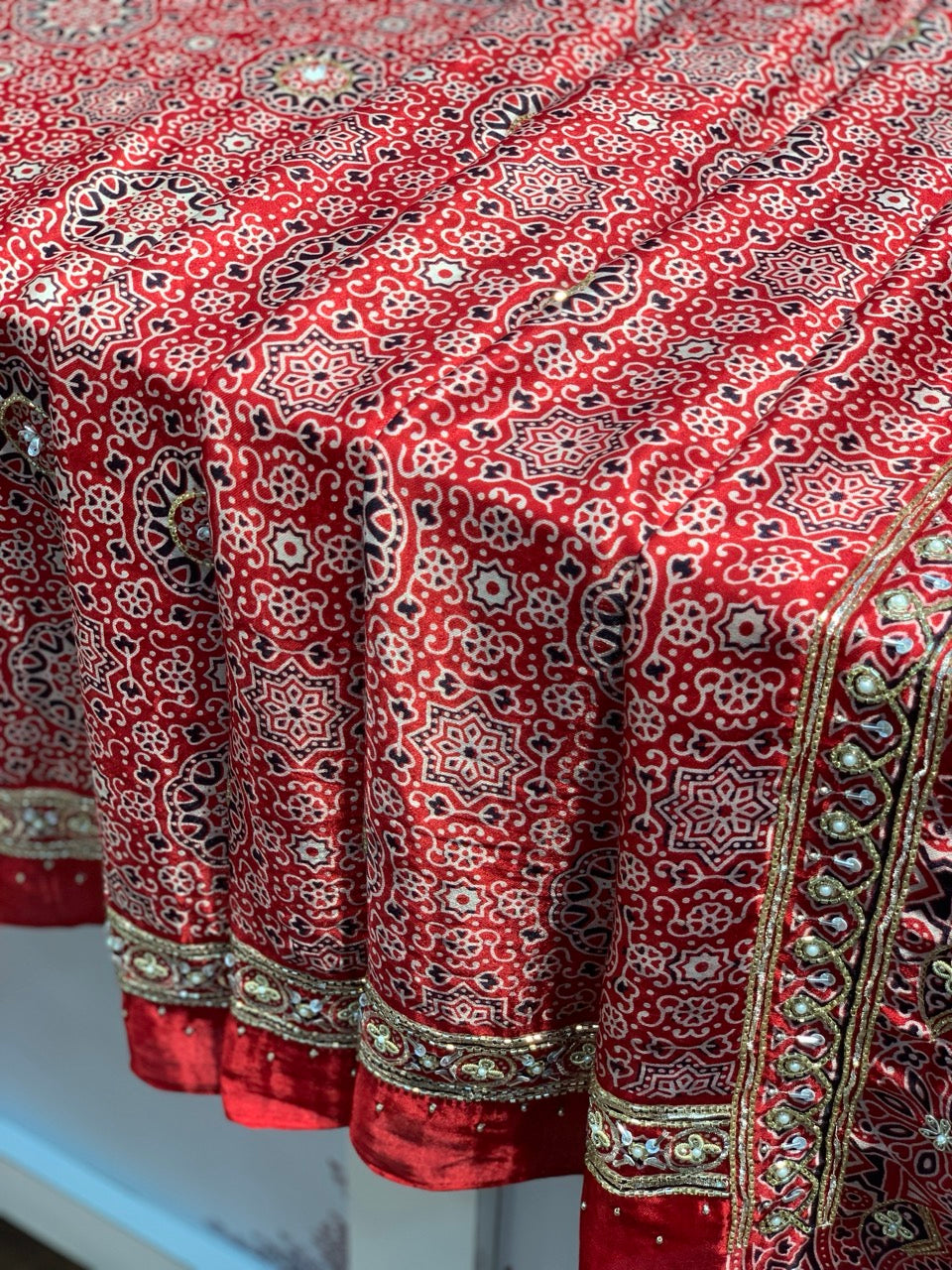 Red Ajrakh x Hand Embroidery