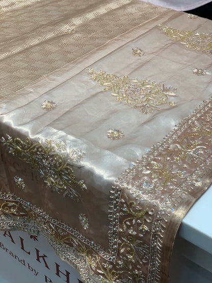 Light Brown Pure Banarasi Tissue x Hand Embroidery