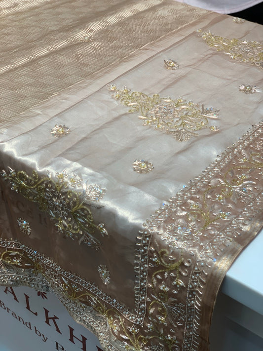 Light Brown Pure Banarasi Tissue x Hand Embroidery