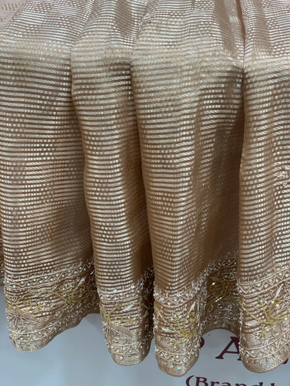 Light Brown Pure Banarasi Tissue x Hand Embroidery