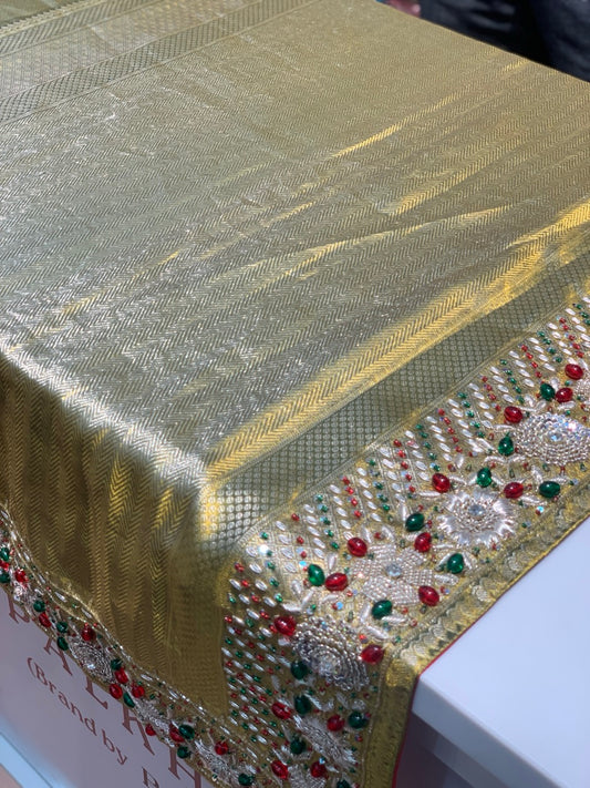 Olive Green Pure Tissue Kanjivaram x Hand Embroidery