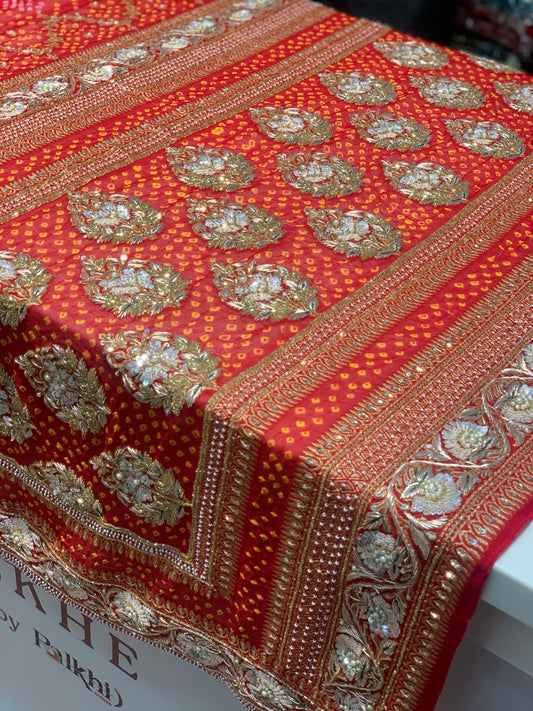 Red Georgette Bandhej x Hand Embroidery