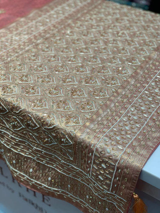 Peach Semi Kanjivaram x Hand Embroidery