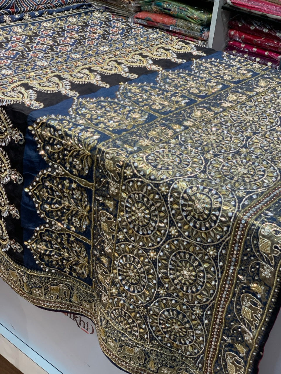 Navy Blue Ajrakh x Hand Embroidery