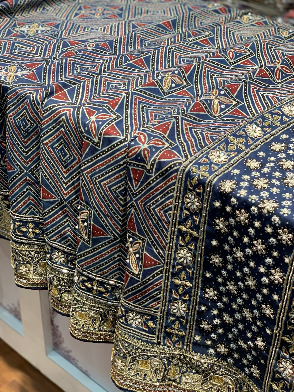 Navy Blue Ajrakh x Hand Embroidery