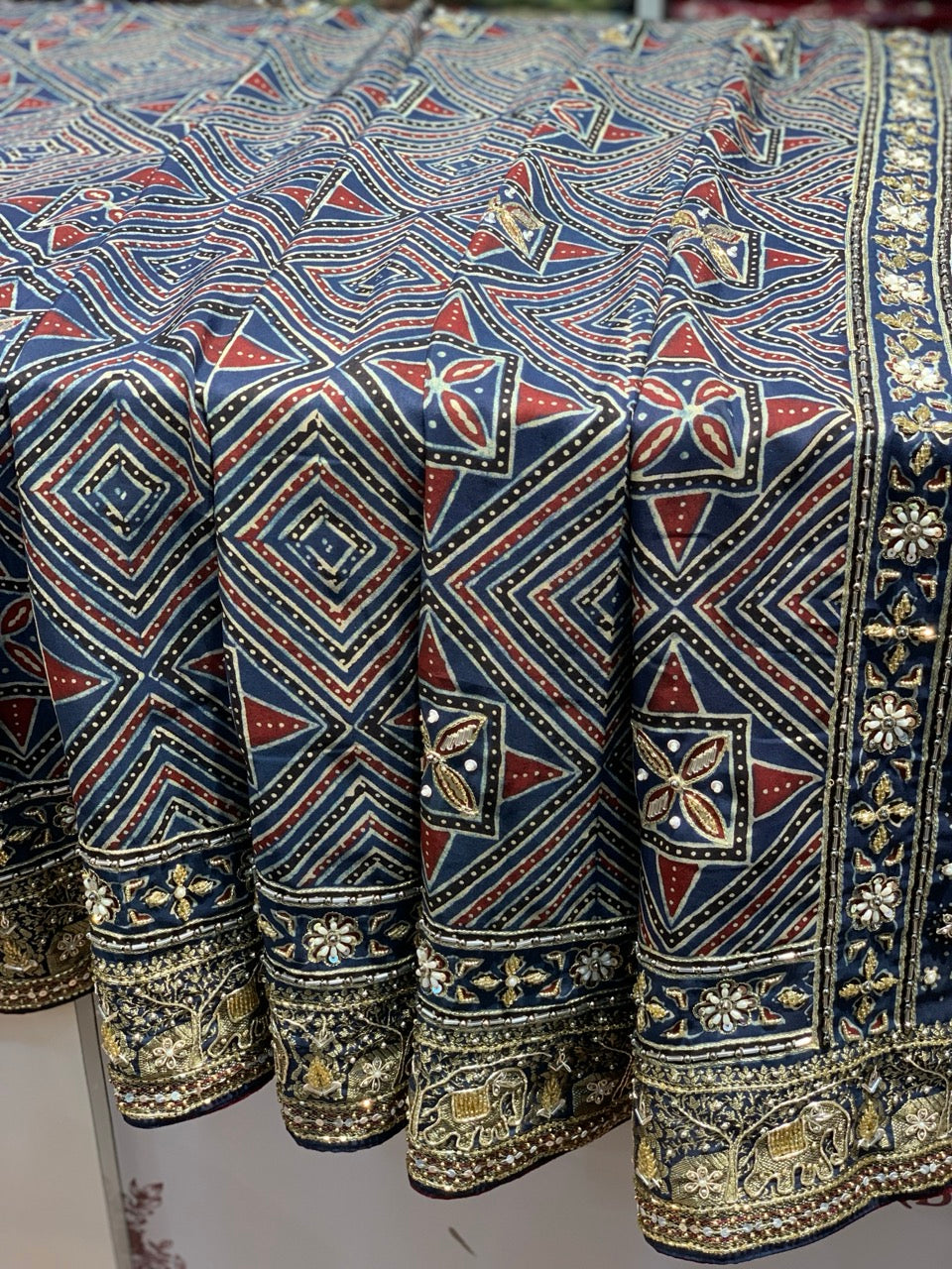 Navy Blue Ajrakh x Hand Embroidery
