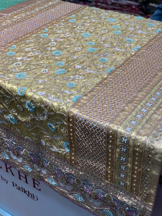 Pista Green Tissue Silk Brocade Kanjivaram x Hand Embroidery