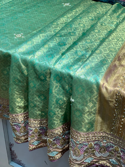 Pista Green Tissue Silk Brocade Kanjivaram x Hand Embroidery