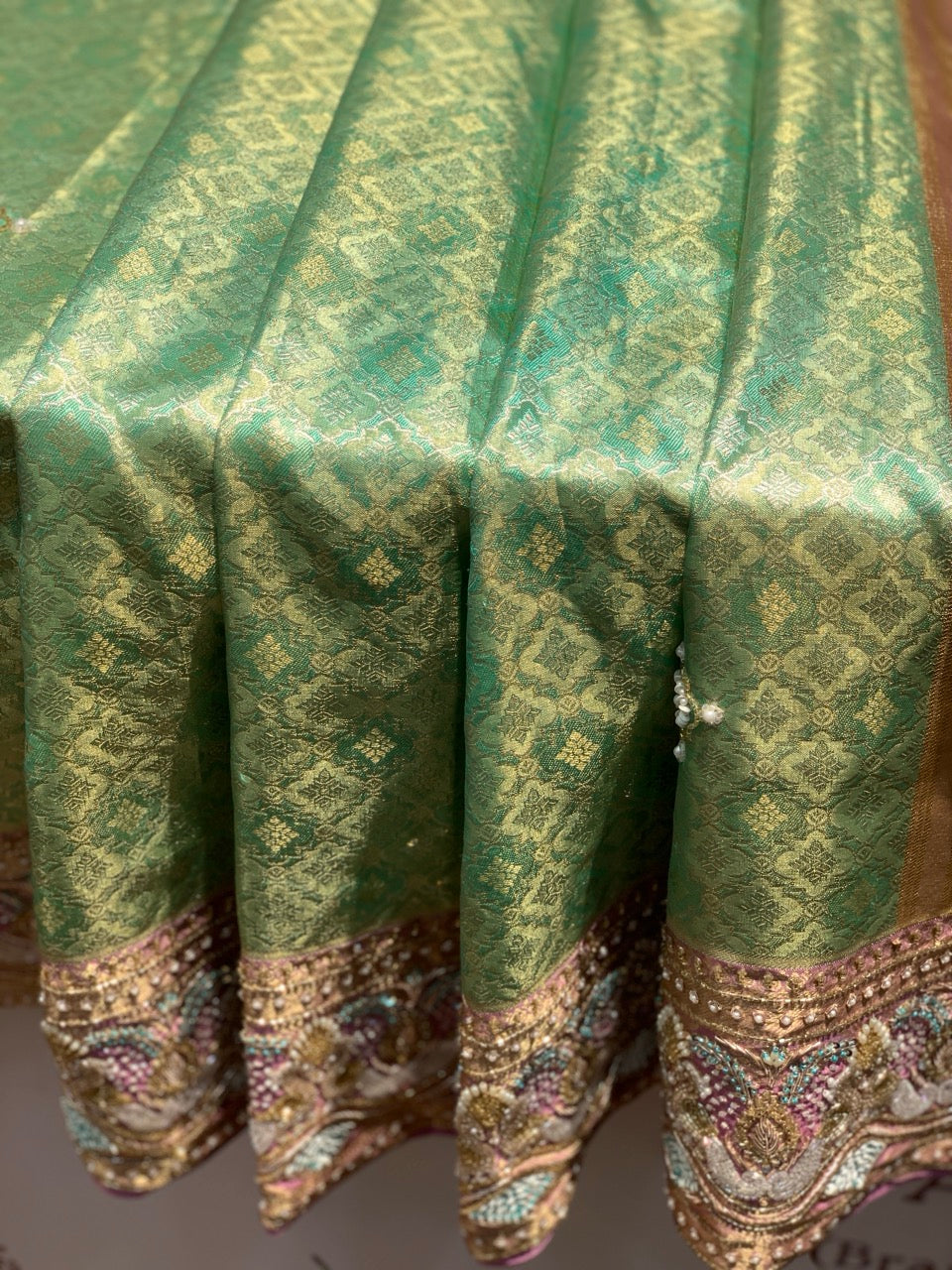 Pista Green Tissue Silk Brocade Kanjivaram x Hand Embroidery