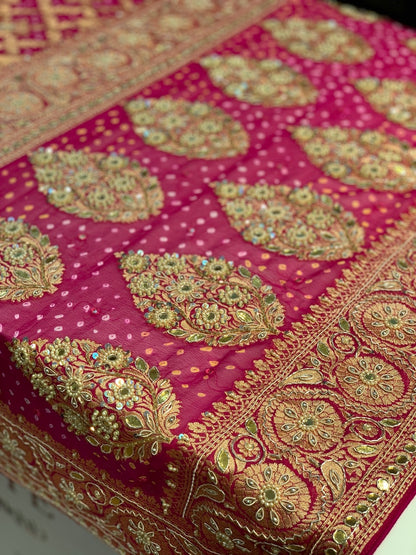 Pure Georgette Hand Bandhej in Rani Pink x Embroidery