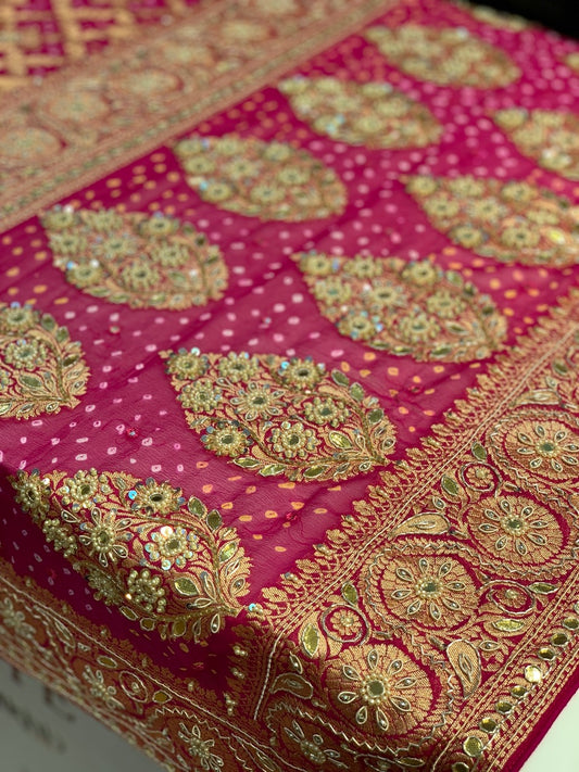 Pure Georgette Hand Bandhej in Rani Pink x Embroidery