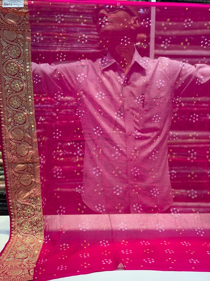 Pure Georgette Hand Bandhej in Rani Pink x Embroidery