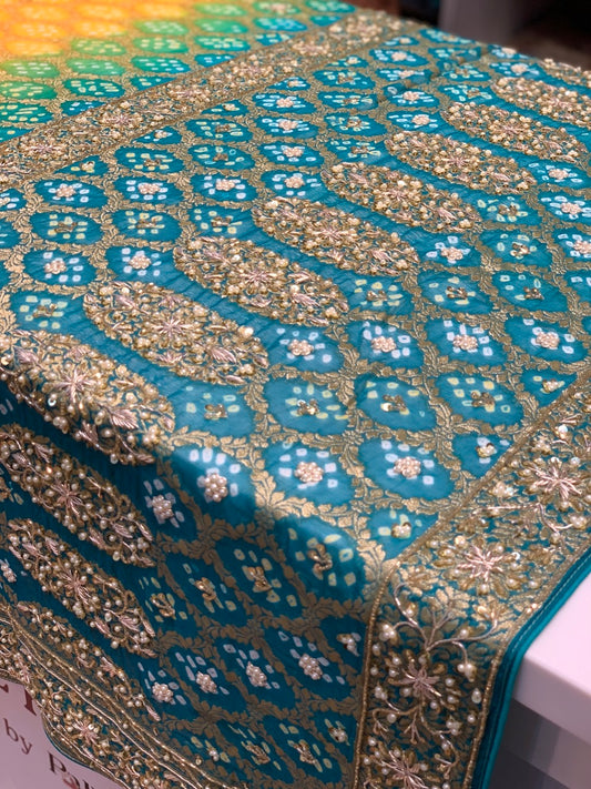 Shaded Pure Georgette Hand Bandhej in Yellow & Green x Embroidery