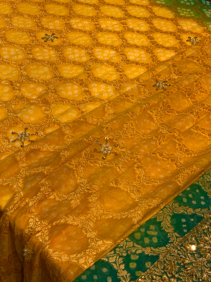 Shaded Pure Georgette Hand Bandhej in Yellow & Green x Embroidery