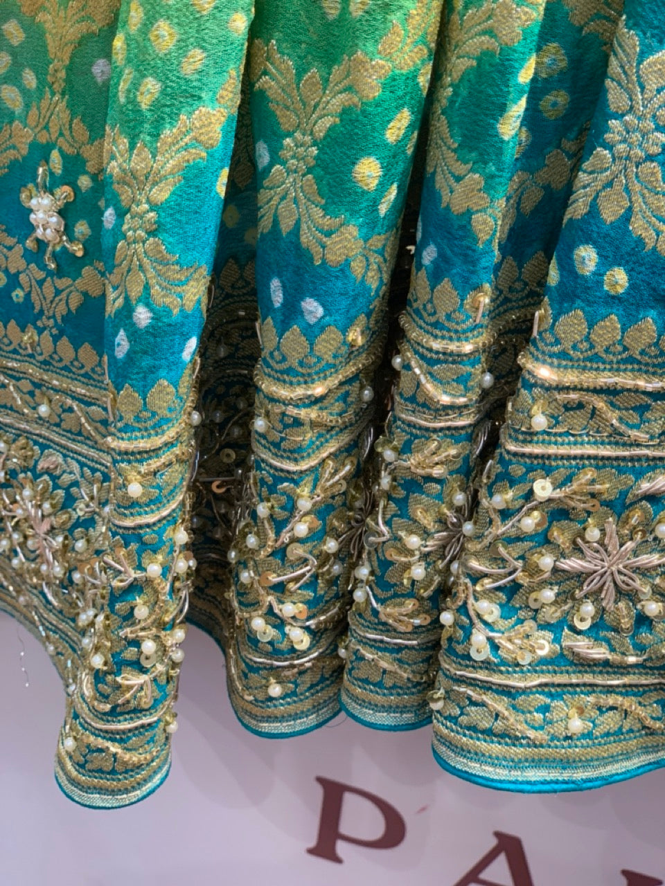 Shaded Pure Georgette Hand Bandhej in Yellow & Green x Embroidery