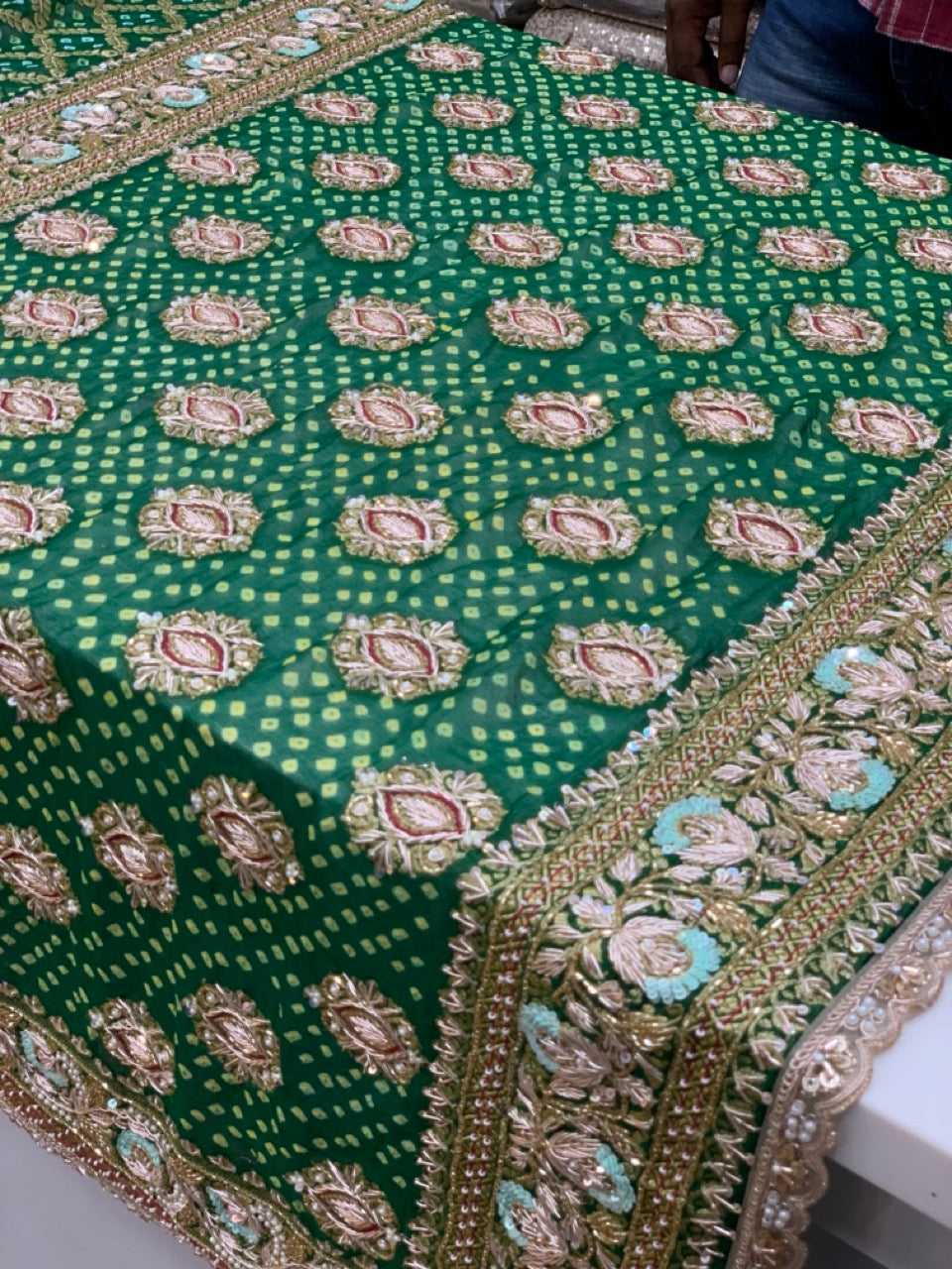 Pure Georgette Hand Bandhej in Bottle Green x Embroidery