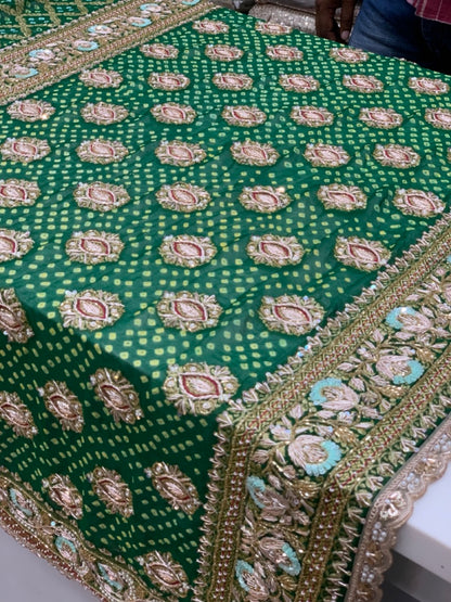 Pure Georgette Hand Bandhej in Bottle Green x Embroidery