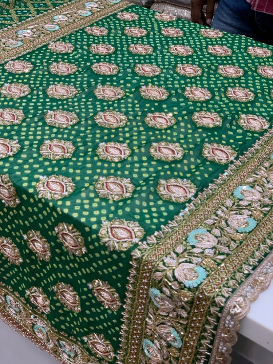 Pure Georgette Hand Bandhej in Bottle Green x Embroidery