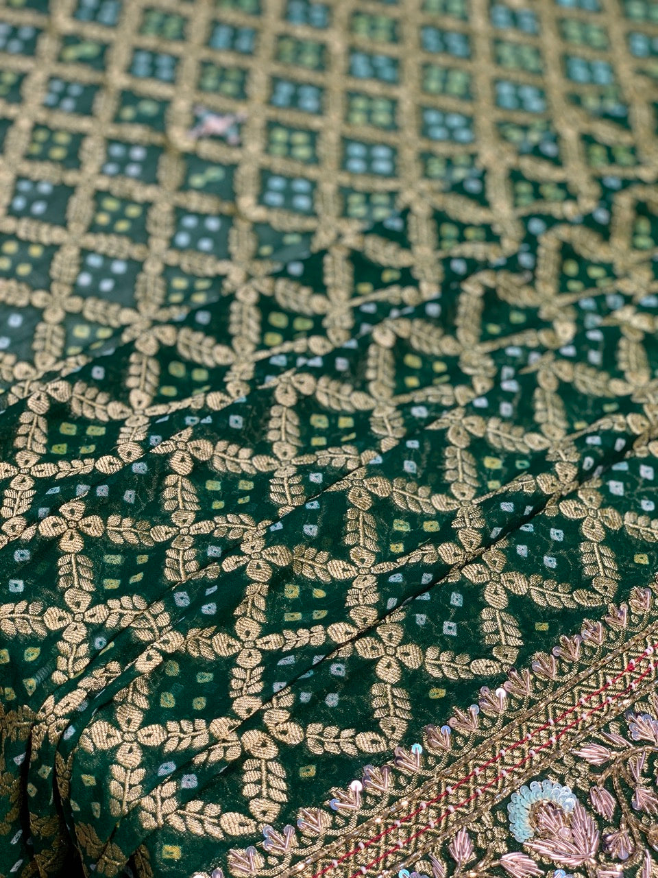 Pure Georgette Hand Bandhej in Bottle Green x Embroidery