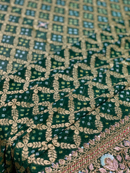Pure Georgette Hand Bandhej in Bottle Green x Embroidery